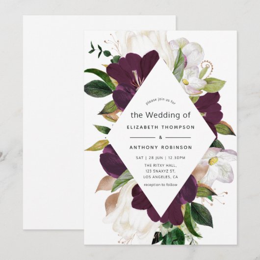 Donkere plum Velvet en White Spring Floral Wedding Kaart (Voorkant / Achterkant)