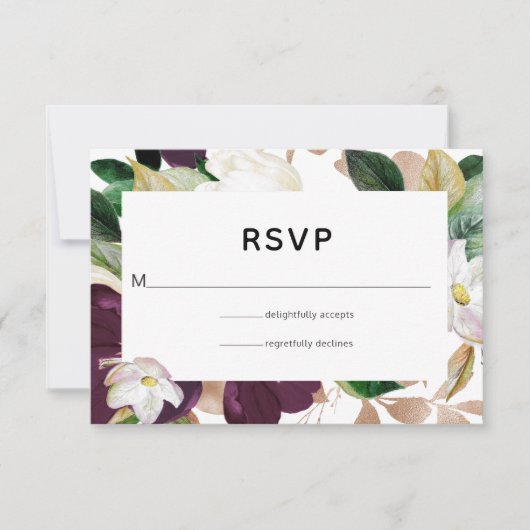 Donkere plum Velvet en White Spring Floral Wedding RSVP Kaartje (Voorkant)