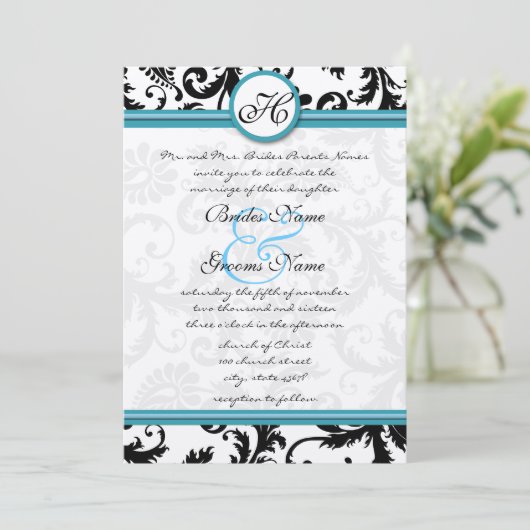 Donkere pool Damask Swirls Wedding Invitation 5 x  Kaart (Staand voorkant)