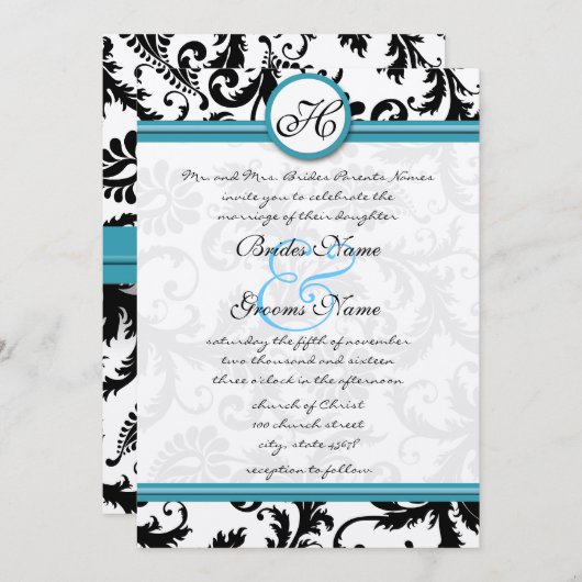 Donkere pool Damask Swirls Wedding Invitation 5 x  Kaart (Voorkant / Achterkant)