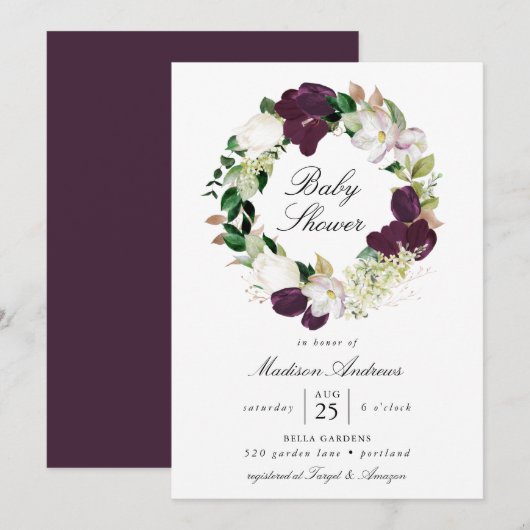 Donkere pruim bloemenkrans | BABY SHOWER Kaart (Voorkant / Achterkant)
