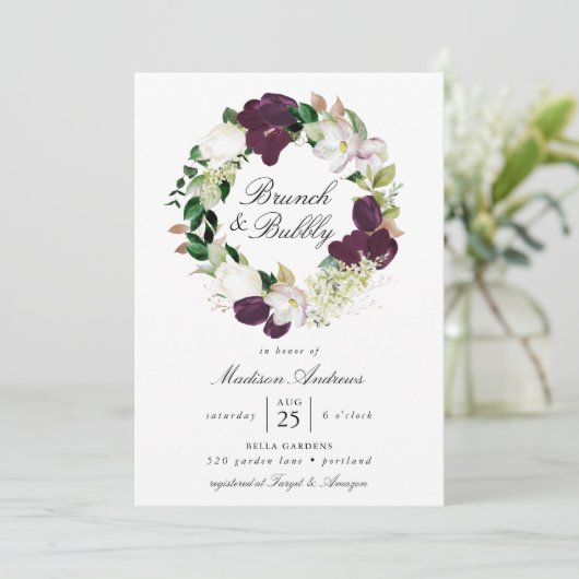 Donkere pruim bloemenkrans | Brunch en Bubble Kaart (Staand voorkant)