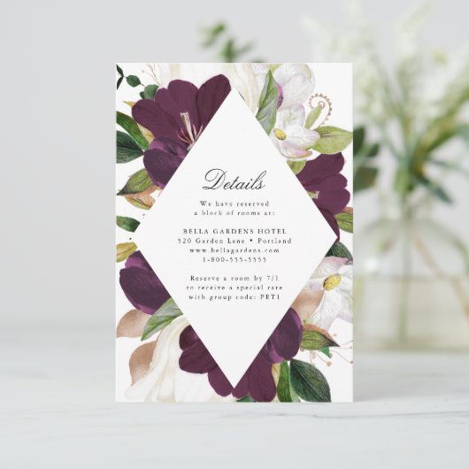 Donkere pruim bloemig | Huwelijksdetails Kaart (Staand voorkant)