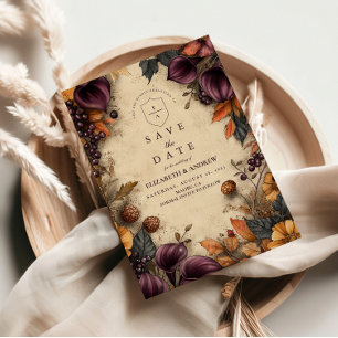 Donkere Pruim Herfst Bloemige Bruiloft Save The Date