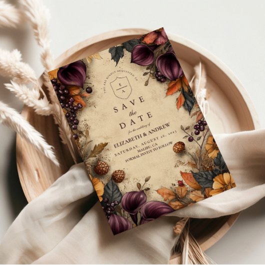 Donkere Pruim Herfst Bloemige Bruiloft Save The Date