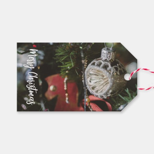 Donkere retro kerstboom cadeaulabel (Voorkant (Horizontaal))