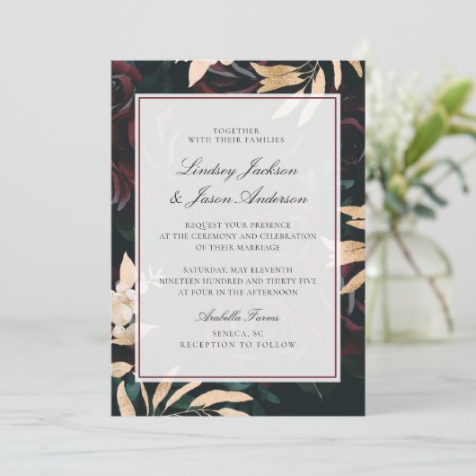 Donkere rode en groene gouden Moody Elegant Floral Kaart (Staand voorkant)