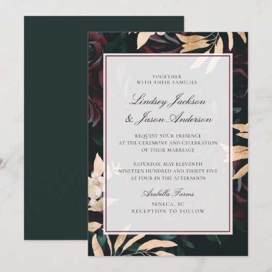 Donkere rode en groene gouden Moody Elegant Floral Kaart (Voorkant / Achterkant)