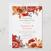 Donkere Rode en Oranje Floral Wedding Invitation Kaart (Voorkant)