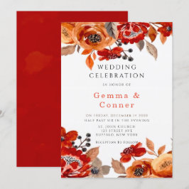 Donkere Rode en Oranje Floral Wedding Invitation Kaart