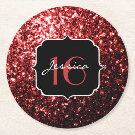 Donkere rode faux Glitter sparkles Glamor Sweet 16 Ronde Kartonnen Onderzetter