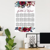 Donkere rode flora 15-tabel weddenschapenkaart poster (Thuiskantoor)