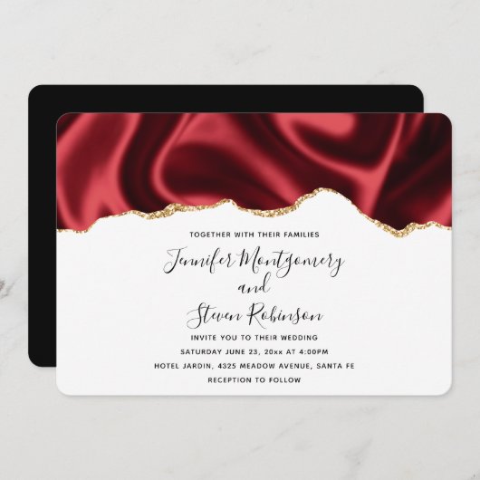 Donkere rode glam Wavy Satin Abstract Design Wedde Kaart (Voorkant / Achterkant)