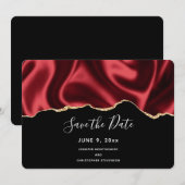 Donkere rode glam Wavy Satin Abstract Design Wedde Save The Date (Voorkant / Achterkant)