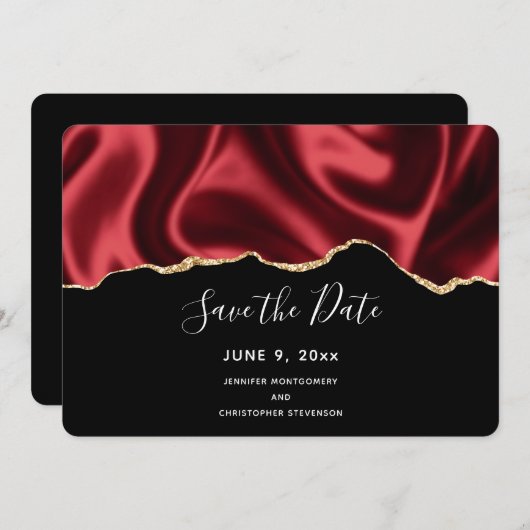 Donkere rode glam Wavy Satin Abstract Design Wedde Save The Date (Voorkant / Achterkant)