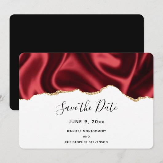 Donkere rode glam Wavy Satin Abstract Design Wedde Save The Date (Voorkant / Achterkant)
