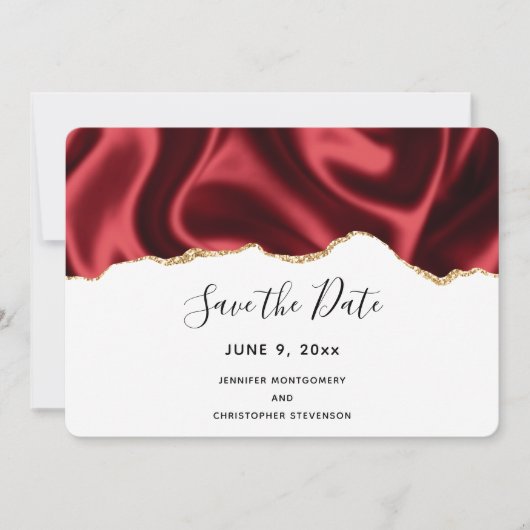 Donkere rode glam Wavy Satin Abstract Design Wedde Save The Date (Voorkant)