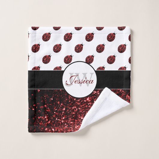 Donkere rode ladybug in glitter sparters Monogram Bad Handdoek (Wasdoekje)