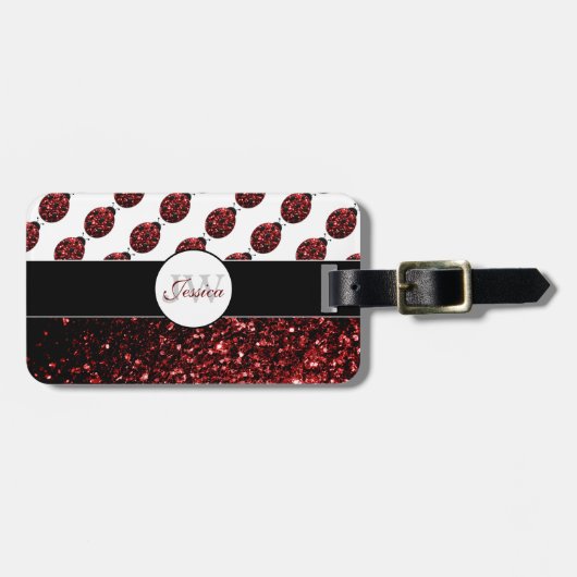 Donkere rode ladybug in glitter sparters Monogram Bagagelabel (Voorkant horizontaal)