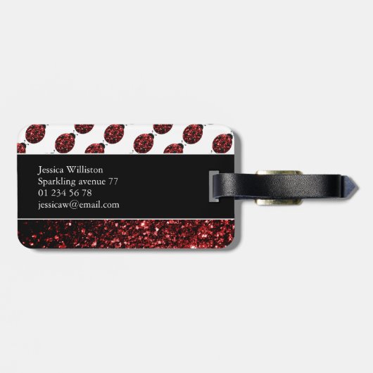Donkere rode ladybug in glitter sparters Monogram Bagagelabel (Achterkant horizontaal)
