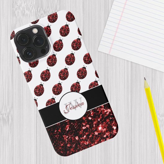 Donkere rode ladybug in glitter sparters Monogram Case-Mate iPhone Case