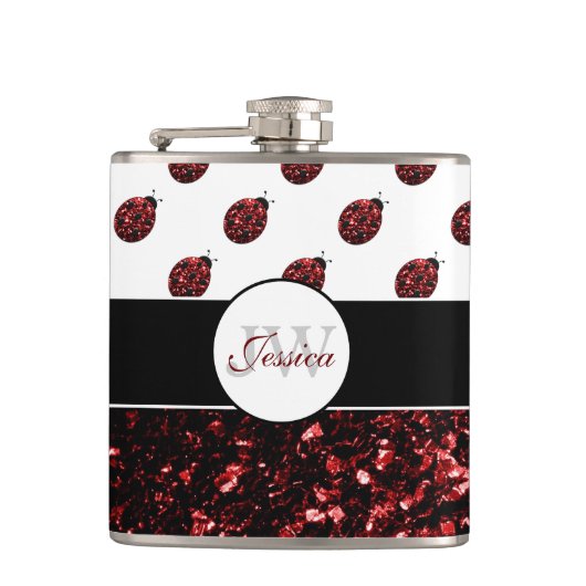 Donkere rode ladybug in glitter sparters Monogram Heupfles (Voorkant)