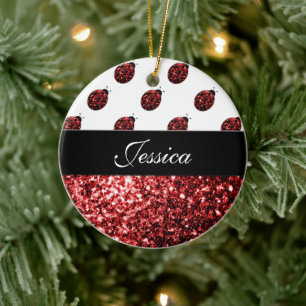 Donkere rode ladybug in glitter sparters Monogram Keramisch Ornament