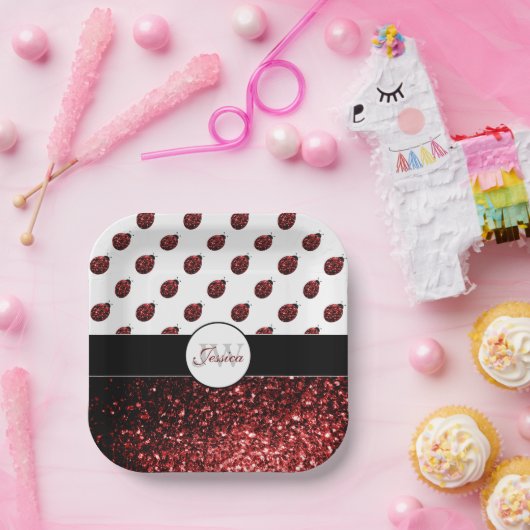 Donkere rode ladybug in glitter sparters Monogram Papieren Bordje (Feest)