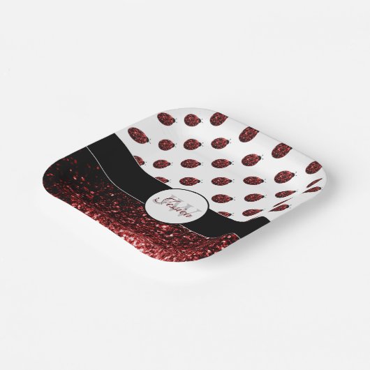 Donkere rode ladybug in glitter sparters Monogram Papieren Bordje (Gebogen)