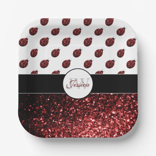 Donkere rode ladybug in glitter sparters Monogram Papieren Bordje (Voorkant)