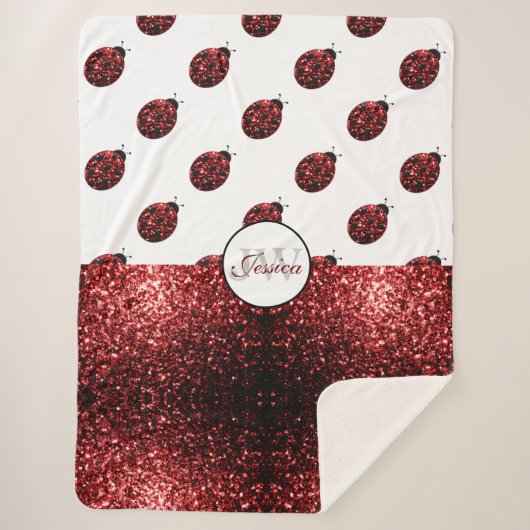 Donkere rode ladybug in glitter sparters Monogram Sherpa Deken (Voorkant)