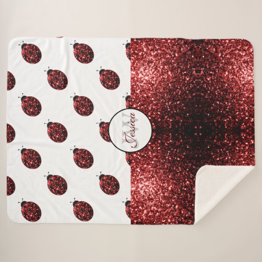Donkere rode ladybug in glitter sparters Monogram Sherpa Deken (Voorkant (horizontaal))