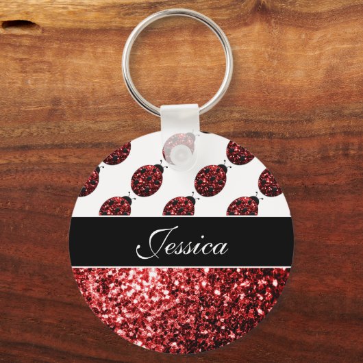 Donkere rode ladybug in glitter sparters Monogram Sleutelhanger (Voorkant)
