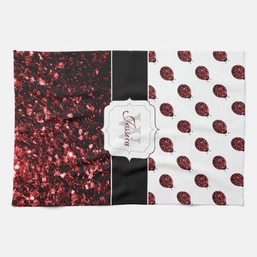 Donkere rode ladybug in glitter sparters Monogram Theedoek (Horizontaal)