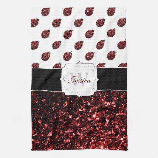 Donkere rode ladybug in glitter sparters Monogram Theedoek (Verticaal)