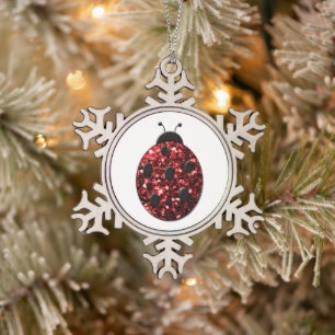 Donkere rode ladybug in glitter tin sneeuwvlok ornament