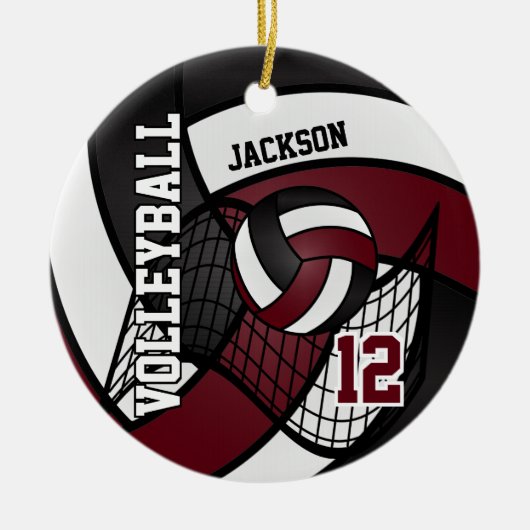 Donkere rode maroon, wit en zwart 🏐 volleybal keramisch ornament (Voorkant)