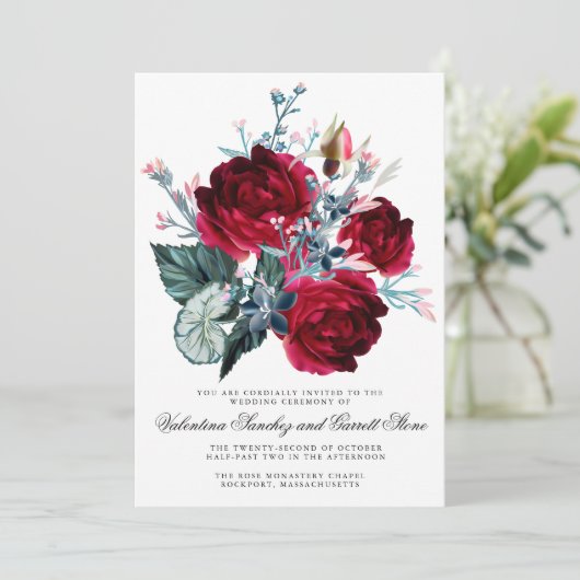 Donkere rode roze Floral Wedding Kaart (Staand voorkant)