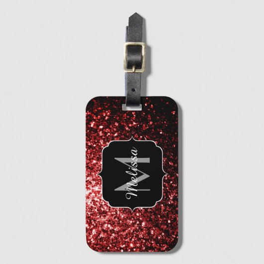 Donkere rode vlek Glitter sparkles Glamor Monogram Bagagelabel (Voorkant (verticaal))