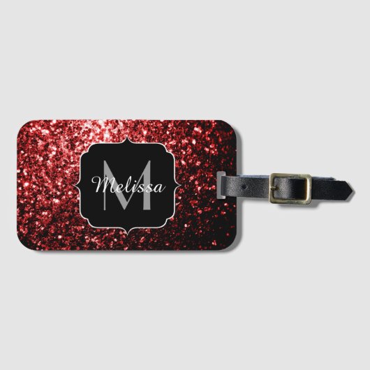 Donkere rode vlek Glitter sparkles Glamor Monogram Bagagelabel (Voorkant (horizontaal))