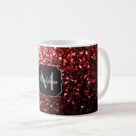 Donkere rode vlek Glitter sparkles Glamor Monogram Koffiemok (Voorkant rechts)