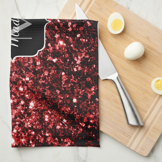 Donkere rode vlek Glitter sparkles Glamor Monogram Theedoek (Quarter Fold)