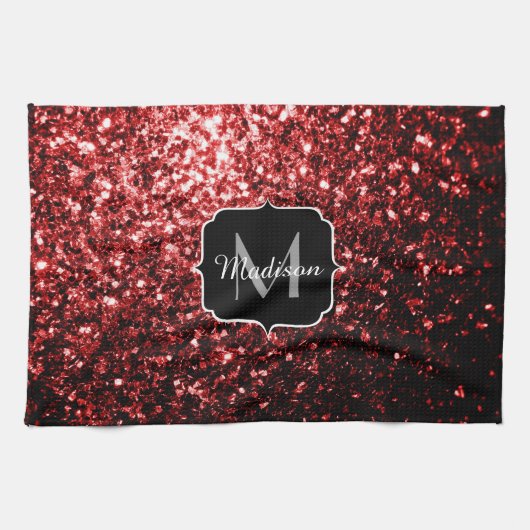 Donkere rode vlek Glitter sparkles Glamor Monogram Theedoek (Horizontaal)