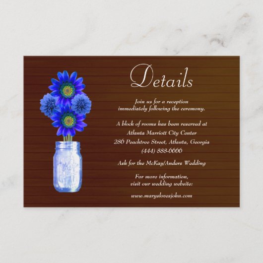 Donkere roestige blauwe bloemige metselwerkpot tro informatiekaartje (Voorkant)