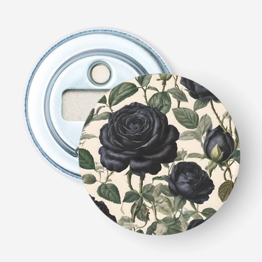 **"Donkere Romance: zwarte  provinciale Rozen"** Button Flesopener (Voorkant)