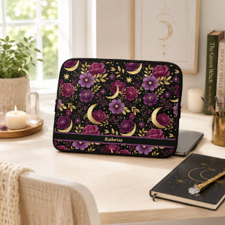 Donkere Romantiek Hemelse Maan Naam Paars Goud Laptop Sleeve