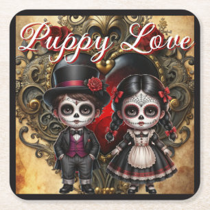 Donkere Romantiek Suiker Schedels_Puppy Liefde Kartonnen Onderzetters