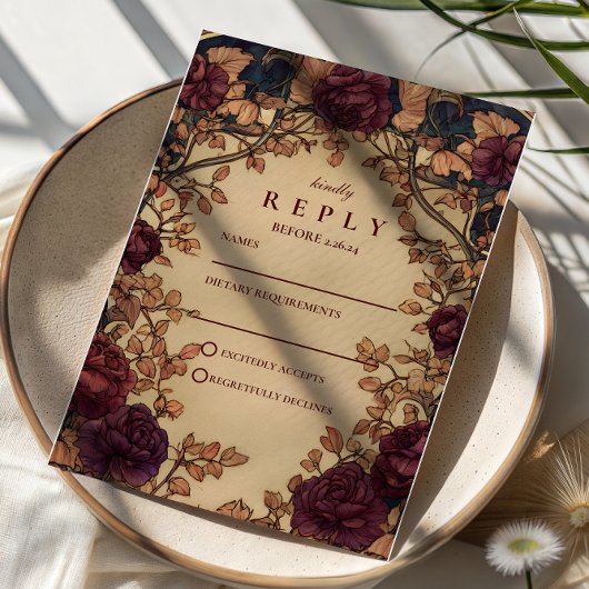 Donkere Romantische Bloemige Bruiloft RSVP Kaartje