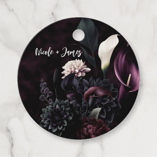 Donkere Romantische Bloemige Witte Bruiloft Bedankjes Labels (Voorkant)