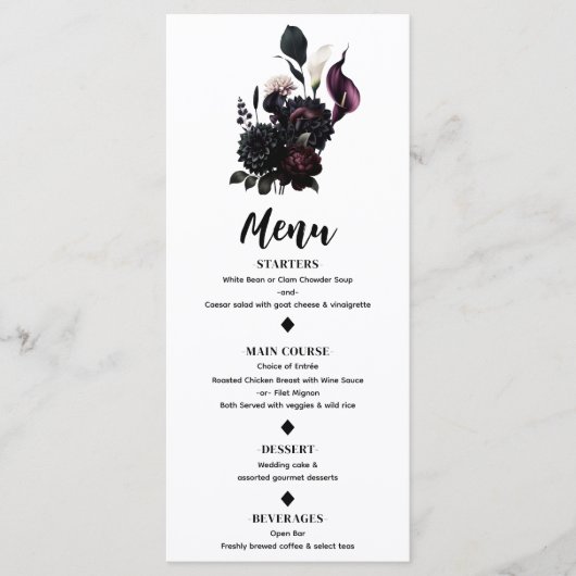 Donkere Romantische Bloemige Witte Trouwmenu Menu (Voorkant)